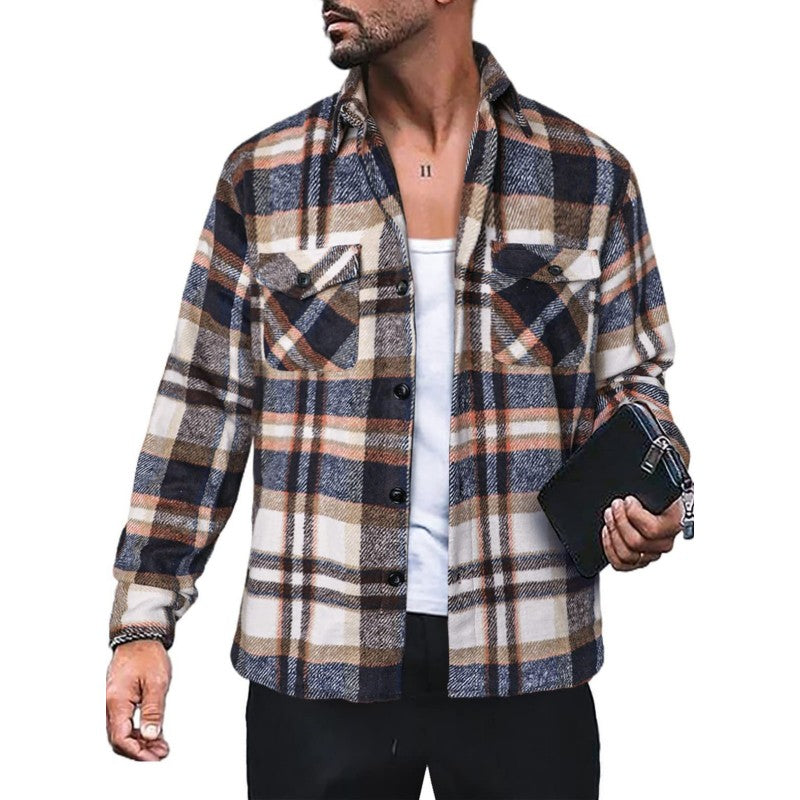 Image of Men's Plaid Shirt Long Sleeve Button Down Casual Jacket, Blue / XL