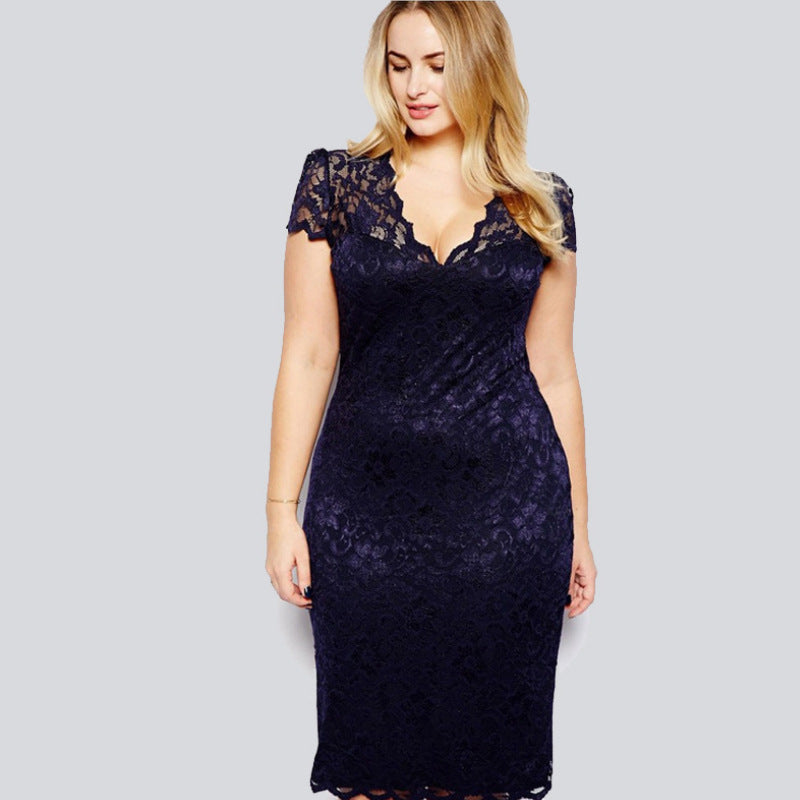 Image of Elegant Plus Size Short Sleeve V-Neck Lace Dresses for Women, Blue / 2XL