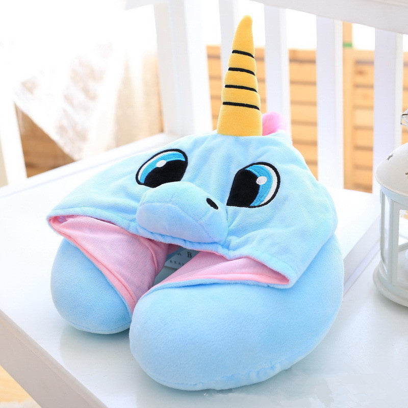 Image of Cute Cartoon Unicorn Creative U Shaped Neck Pillow With Hat, Blue