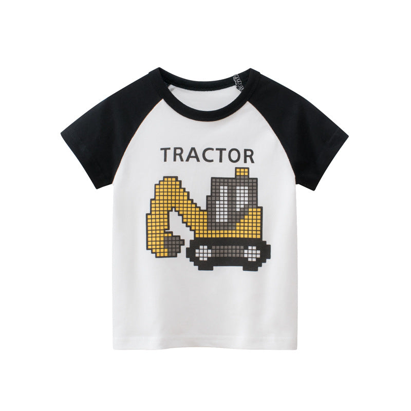 Image of Little Boys Tractor Print Short Sleeve Round-neck Cotton T-Shirt, 100cm
