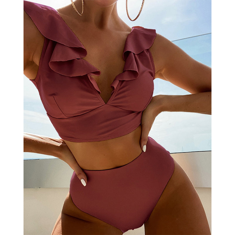 Image of High Waist V-Neck Sexy Ruffles Women Bikini Swimsuit Set, Brick Red / L