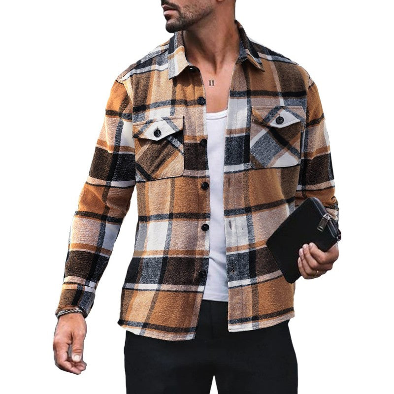Image of Men's Plaid Shirt Long Sleeve Button Down Casual Jacket, Brown / XXXL