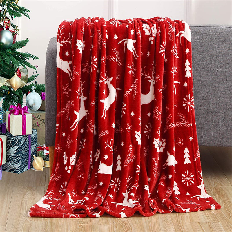 Image of Warm Cozy Christmas Printed Fleece Blanket for Winter Bedding and Sofa, Burgundy Reindeer / 150*200cm