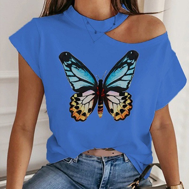 Image of Womens Butterfly Printed Off Shoulder Sexy Casual T-shirt, Blue / L