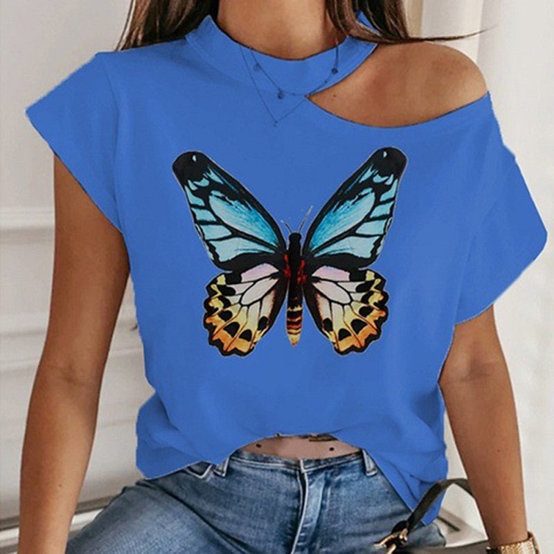 

Womens Butterfly Printed Sexy Off Shoulder T-shirt Summer Short Sleeve Tops Casual Loose Halter Tee Shirt - Blue / L