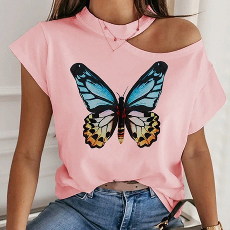 Image of Womens Butterfly Printed Off Shoulder Sexy Casual T-shirt, Pink / L