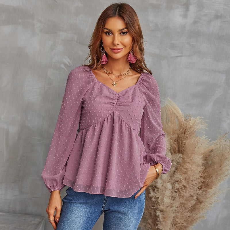 Image of Womens Dot Chiffon Lantern Jacquard Loose Long Sleeve Blouse, Purple / L