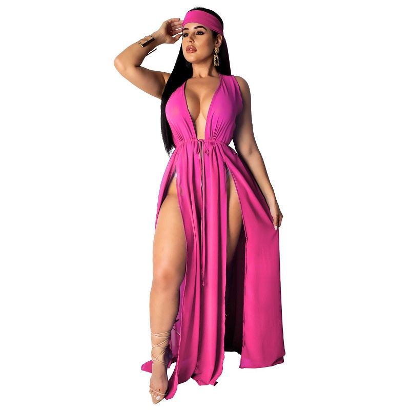 

Womens Summer Sexy Chiffon Long Evening Party Dress Boho Casual Maxi Cardigan Bathing Suit Cover Ups Blouse - Rose Red / M