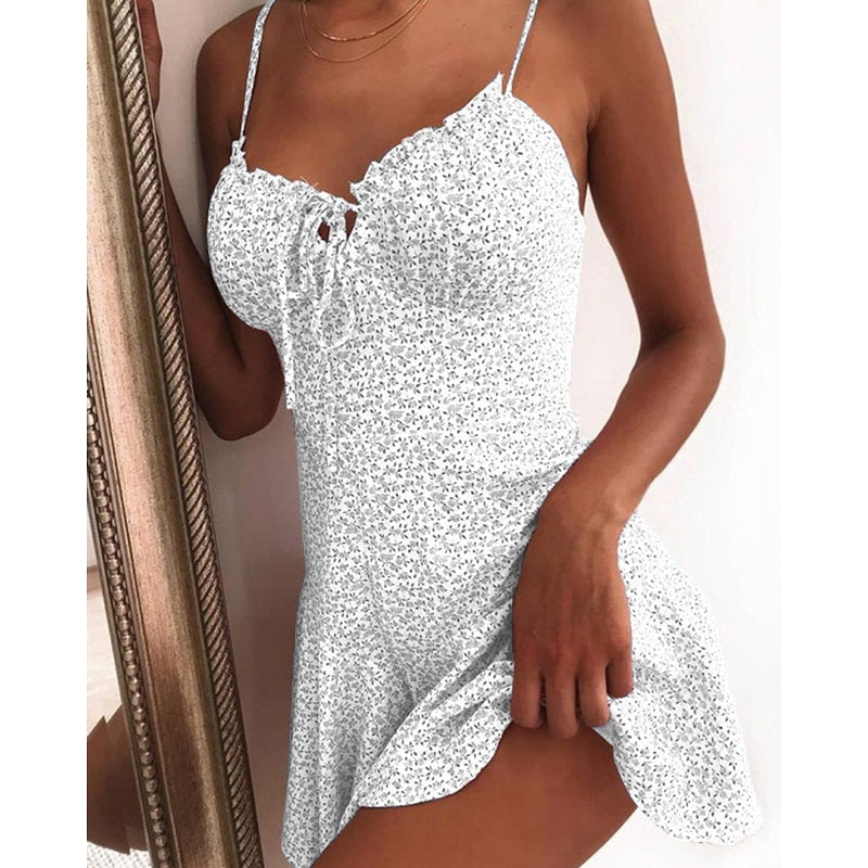 Image of Womens Spaghetti Strap Sleeveless Floral Print Sexy Dress, White / 2XL