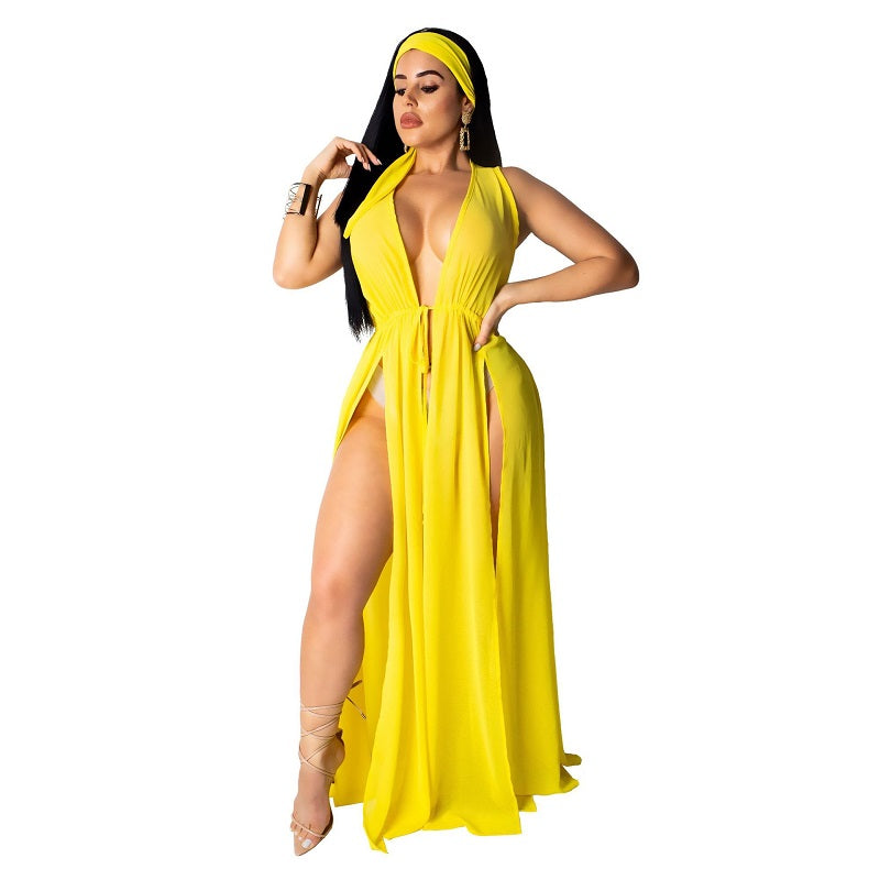 Image of Womens Summer Sexy Chiffon Party Boho Casual Maxi Dress, Yellow / XXL