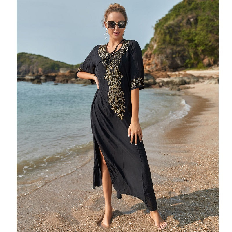 Image of Womens Embroidered Sexy Side Split Long Sleeve Maxi Dress, Black