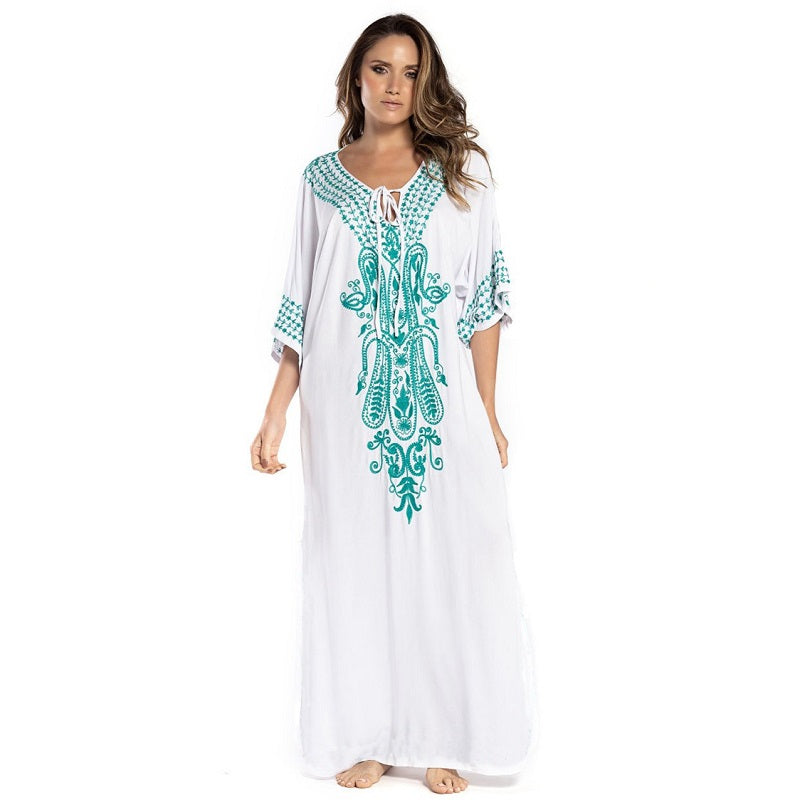 Image of Womens Embroidered Sexy Side Split Long Sleeve Maxi Dress, White