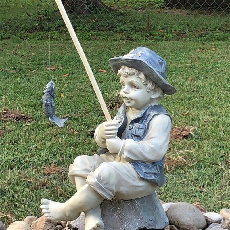 

Garden Cartoon Fishing Boy Girl Gnome Statue Funny Outdoor Lawn Sitting Fisherman Gnome Statues Resin Ornament - Type 2