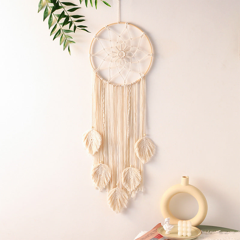 Image of Bohemian Hand-woven Dream Catcher Home Bedroom Wall Hanging Decoration, Five Leaves(Bamboo Circle)