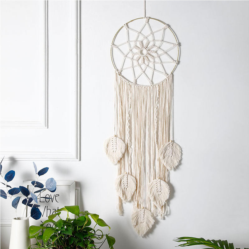 Image of Bohemian Hand-woven Dream Catcher Home Bedroom Wall Hanging Decoration, Five Leaves(Iron Circle)