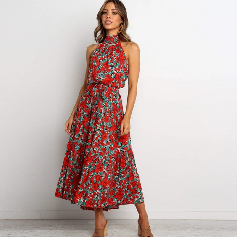 Image of Womens Off-shoulder Sleeveless Halter Neck Maxi Floral Dress, Red / L