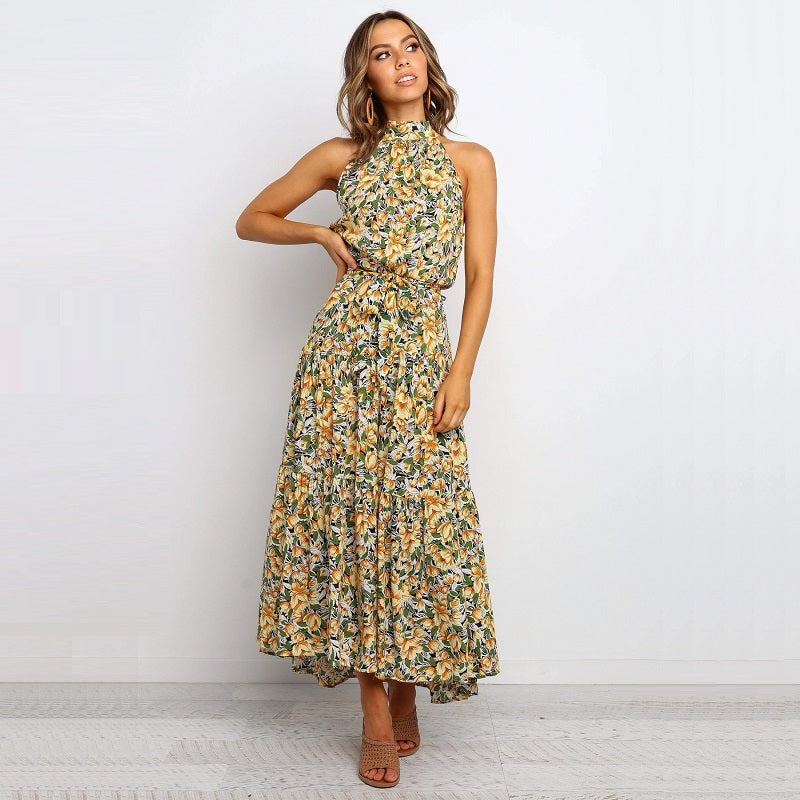 Image of Womens Off-shoulder Sleeveless Halter Neck Maxi Floral Dress, Yellow / L