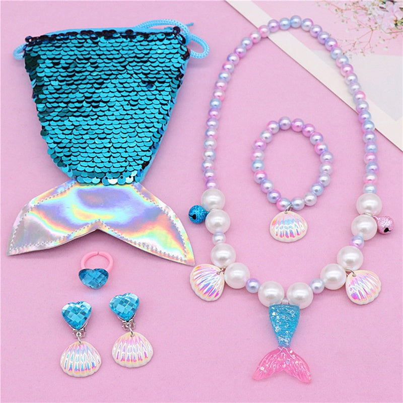 

Girls Mermaid Necklace Jewelry Set Kids Lovely Mermaid Tail Pearl Beads Pendant Necklaces Bracelet Ear Clip Ring - Blue