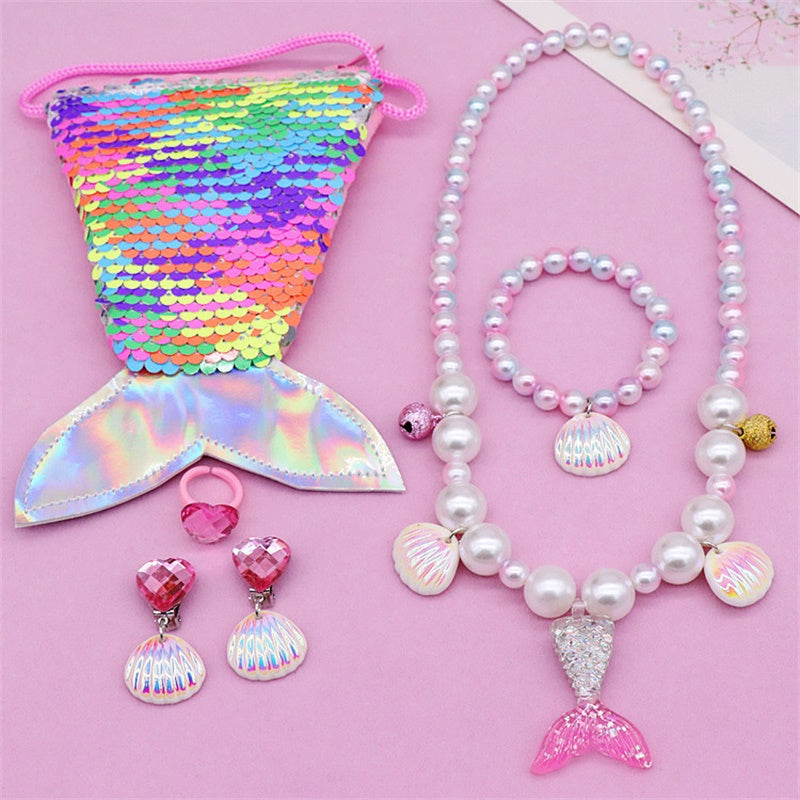 

Girls Mermaid Necklace Jewelry Set Kids Lovely Mermaid Tail Pearl Beads Pendant Necklaces Bracelet Ear Clip Ring - Pink