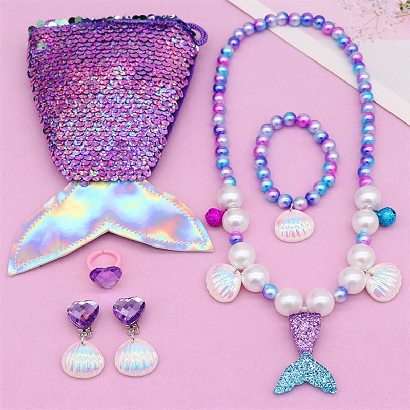 Image of Girls Lovely Mermaid Tail Pearl Necklace Jewelry Set, Purple