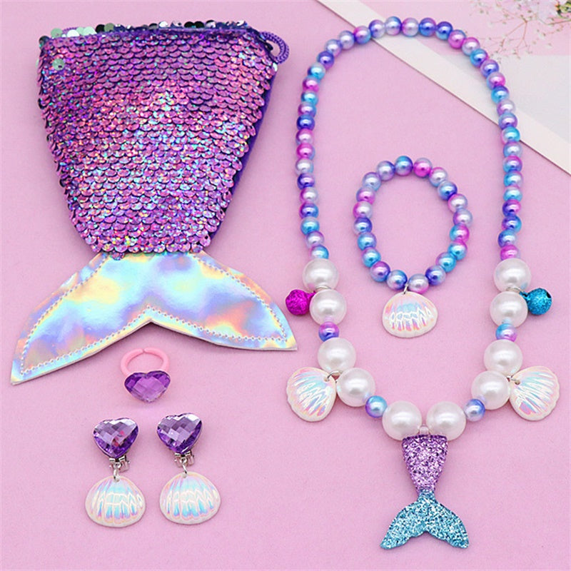 

Girls Mermaid Necklace Jewelry Set Kids Lovely Mermaid Tail Pearl Beads Pendant Necklaces Bracelet Ear Clip Ring - Purple