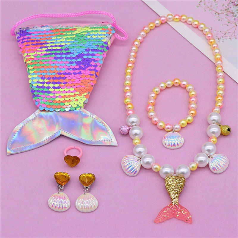 Image of Girls Lovely Mermaid Tail Pearl Necklace Jewelry Set, Yellow