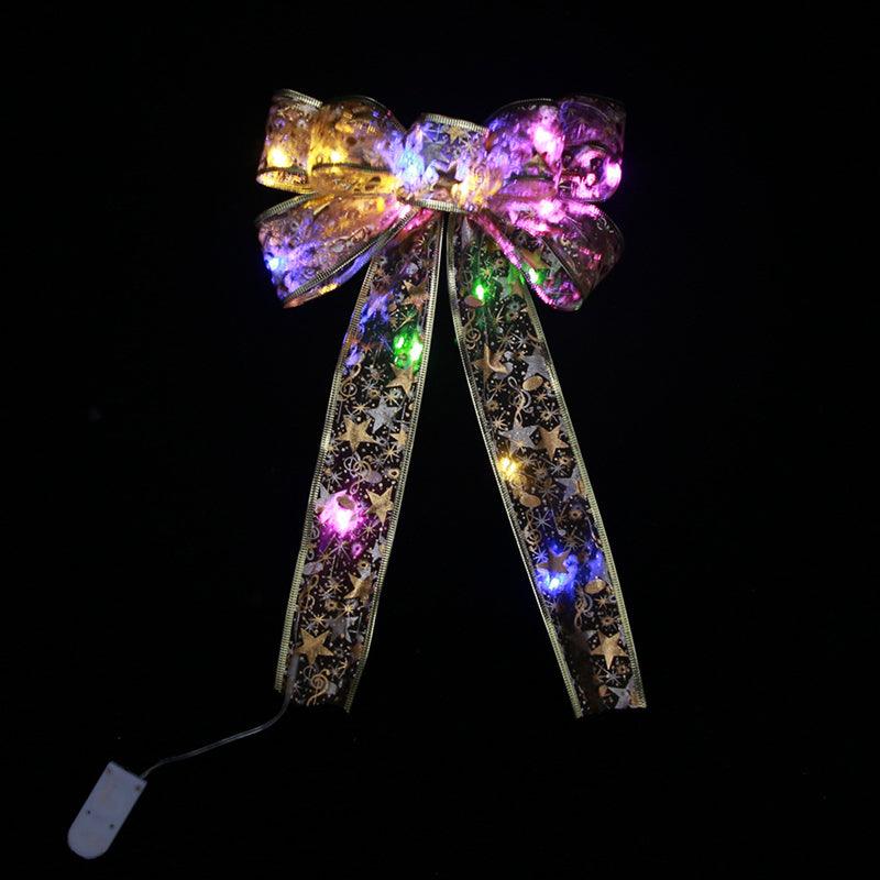 Image of Christmas Tree Ribbon Bow LED String Lights Xmas Gift Decoration, Gold Printing / Multicolor