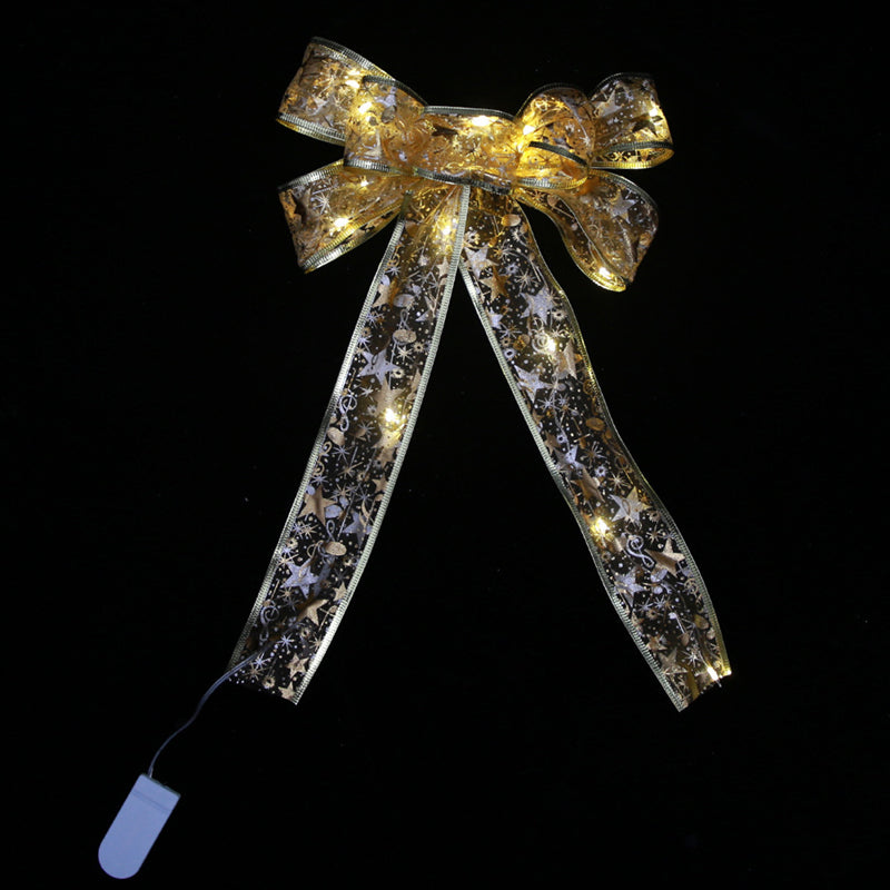 Image of Christmas Tree Ribbon Bow LED String Lights Xmas Gift Decoration, Gold Printing / Warm White