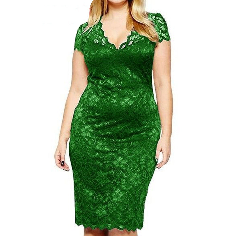 Image of Elegant Plus Size Short Sleeve V-Neck Lace Dresses for Women, Green / XL