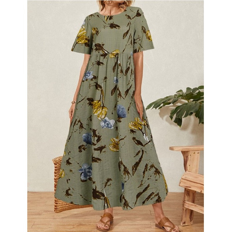 Image of Fashion Summer Womens Printed Sundress High Waist Maxi Dress, Green / M