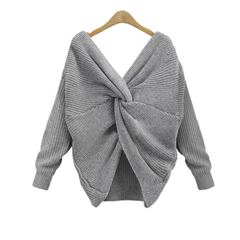 Image of Women Sexy Cross V-neck Long-sleeved Knitted Twisted Back Sweater, Grey