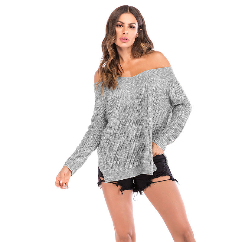 Image of Fashion Womens Off The Shoulder Sweater Oversized V-Neck Sweater, Grey / L