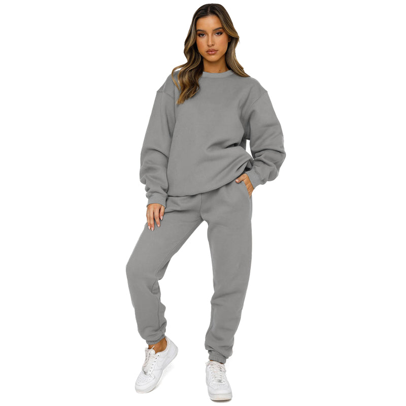 Image of Autumn and Winter Round Neck Pullover Women's Fashion Casual Sweatshirt Set, Grey / L