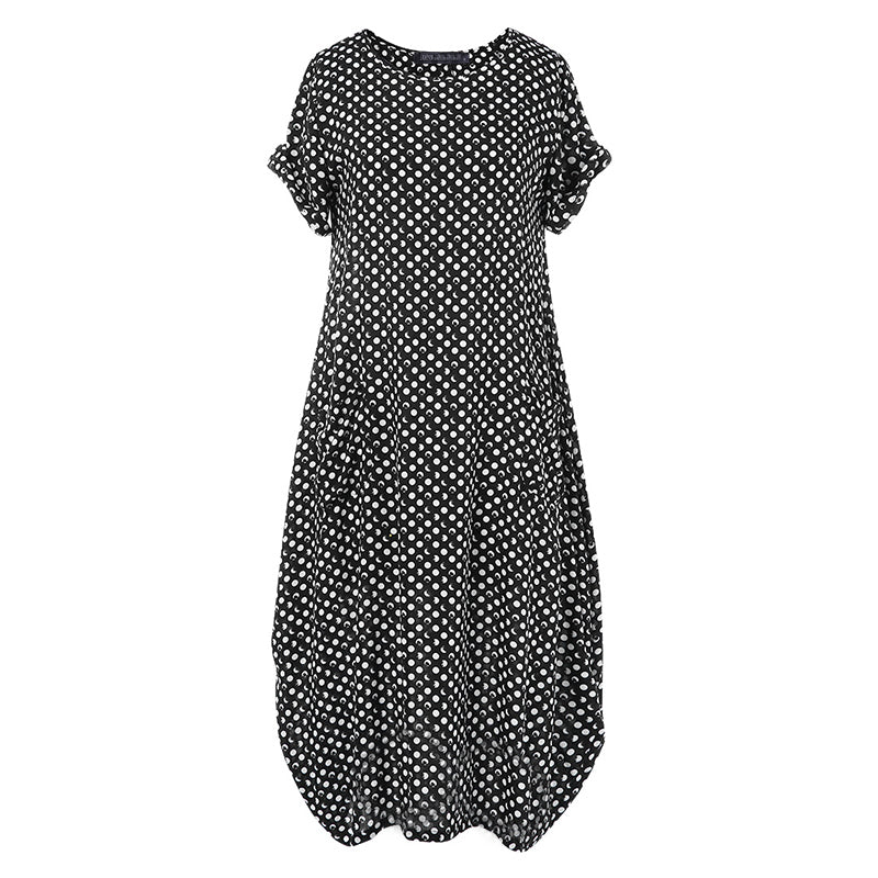 Image of Womens Summer Dot Short Sleeve Loose Casual Long Dress, Black / M