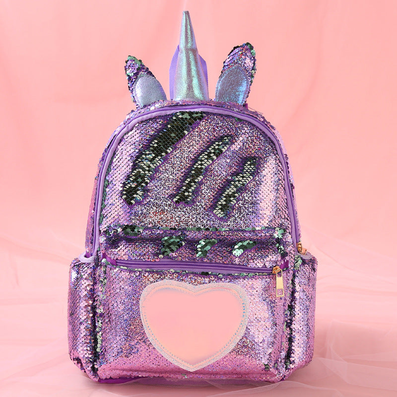 Image of Dazzling Unicorn Backpack Sequin Cute Satchel Kids Children Travel Bookbag, Purple