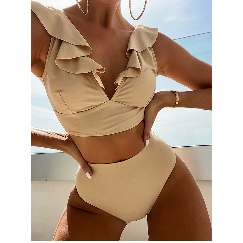 Image of High Waist V-Neck Sexy Ruffles Women Bikini Swimsuit Set, Khaki / XL