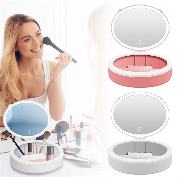Image of Beauty Makeup Mirror with LED Foldable Compact Storage Box 2-In-1, Pink