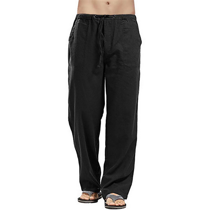 Image of Mens Loose Casual Linen Trousers with Drawstring Pockets, Black / XXXL