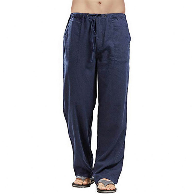 Image of Mens Loose Casual Linen Trousers with Drawstring Pockets, Blue / XXXL