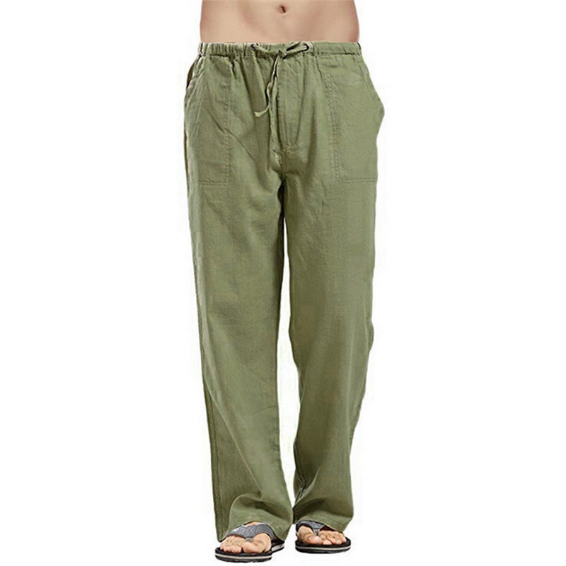 Image of Mens Loose Casual Linen Trousers with Drawstring Pockets, Green / XXXL