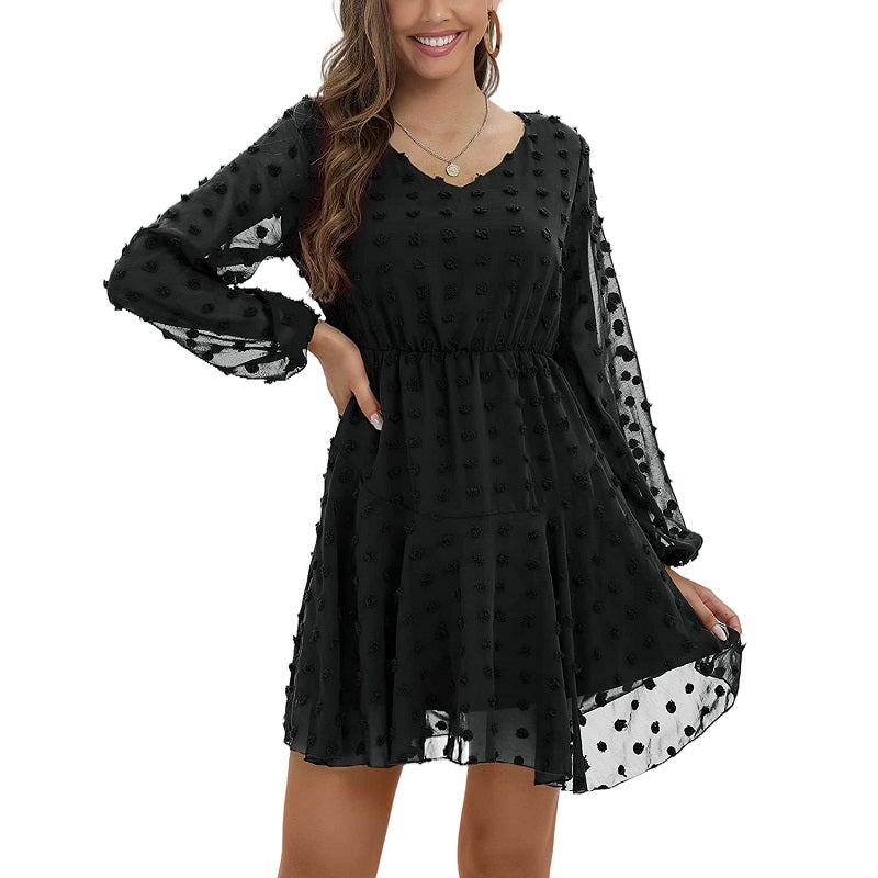 Image of Womens Dot V-Neck Long Sleeve Chiffon Casual Dress, Black / XL