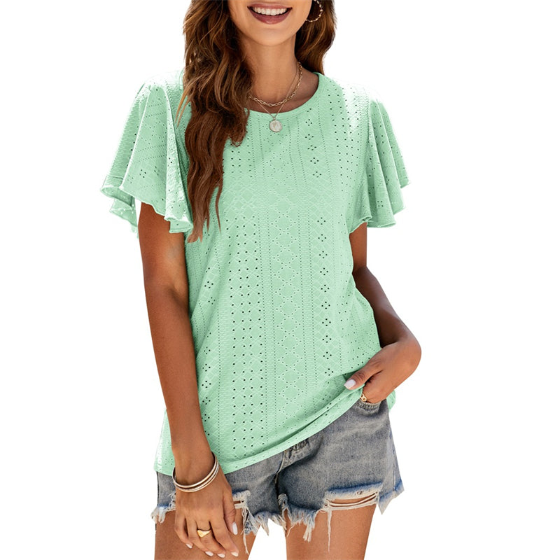 Image of Women's Summer Round Neck Ruffle Plain Short Sleeve Casual Loose T-Shirt, Mint Green / XL
