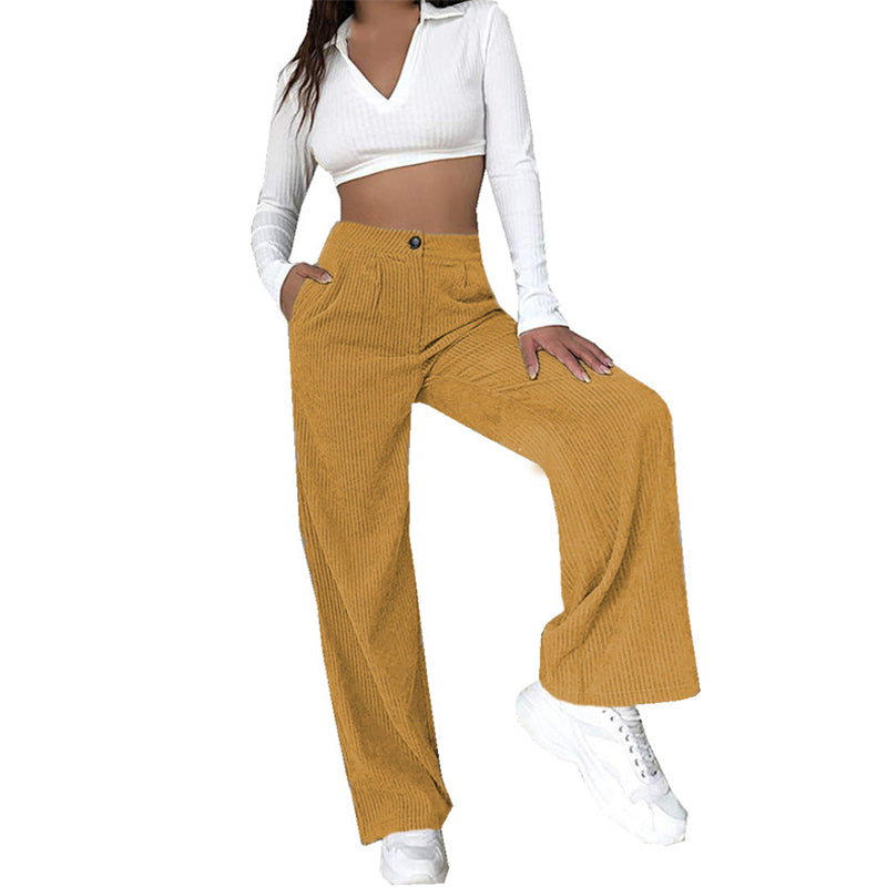 Image of Women High Waist Corduroy Pants Wide Leg Straight Loose Trousers, Khaki / XL