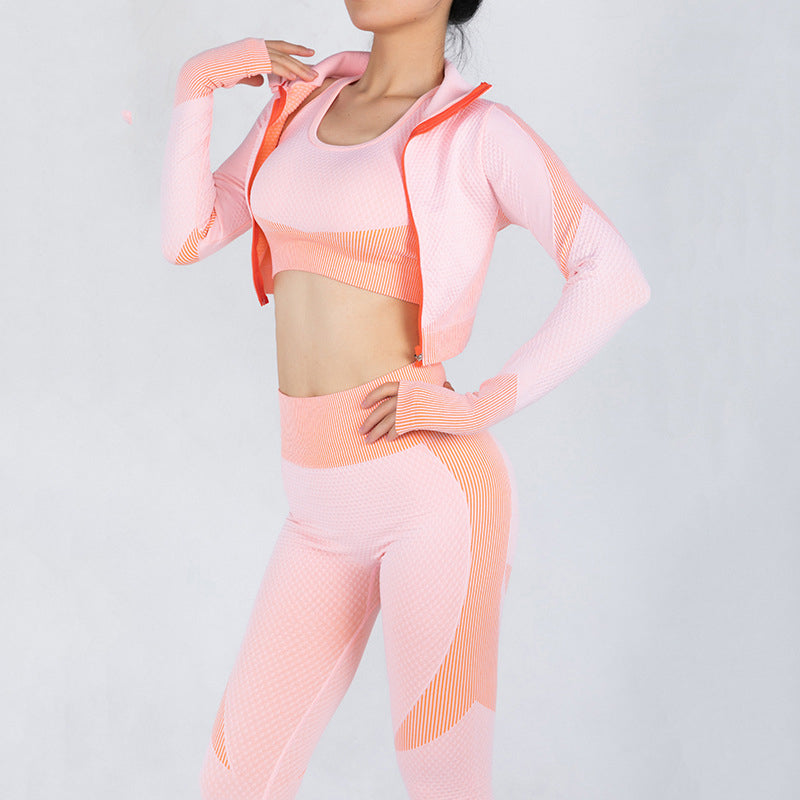 Image of 3 Pieces Women Fitness Sport Seamless Yoga Sets, M / Orange+Pink