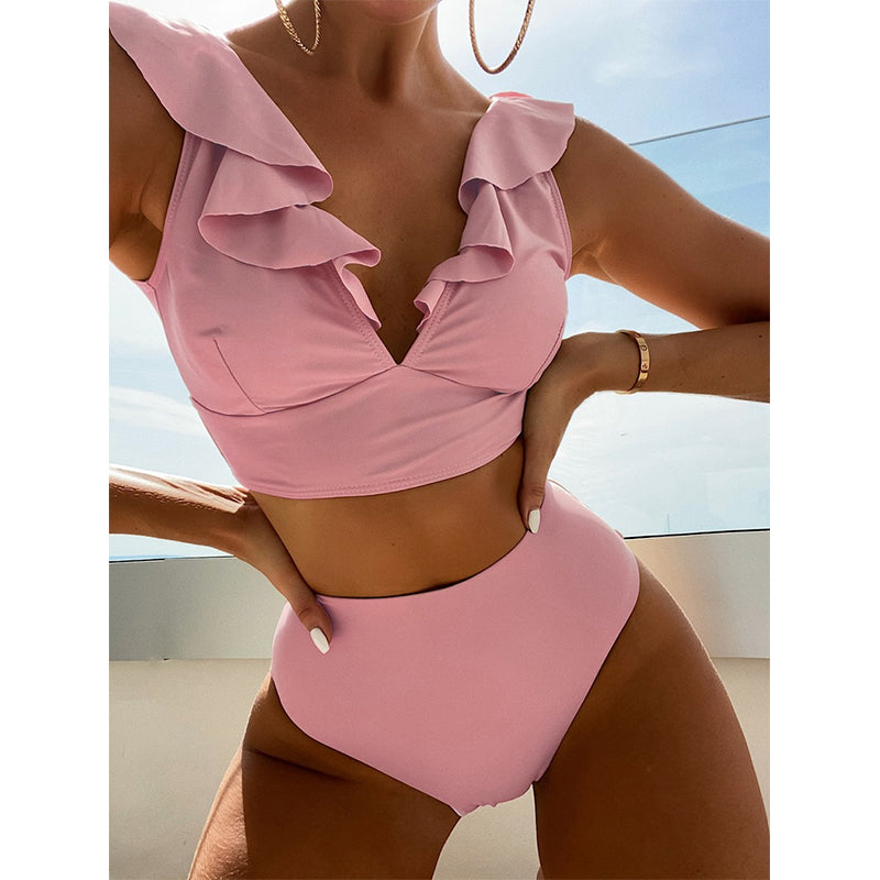 Image of High Waist V-Neck Sexy Ruffles Women Bikini Swimsuit Set, Pink / L