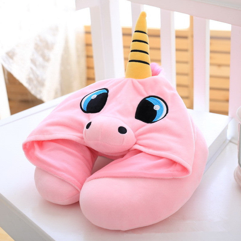 Image of Cute Cartoon Unicorn Creative U Shaped Neck Pillow With Hat, Pink