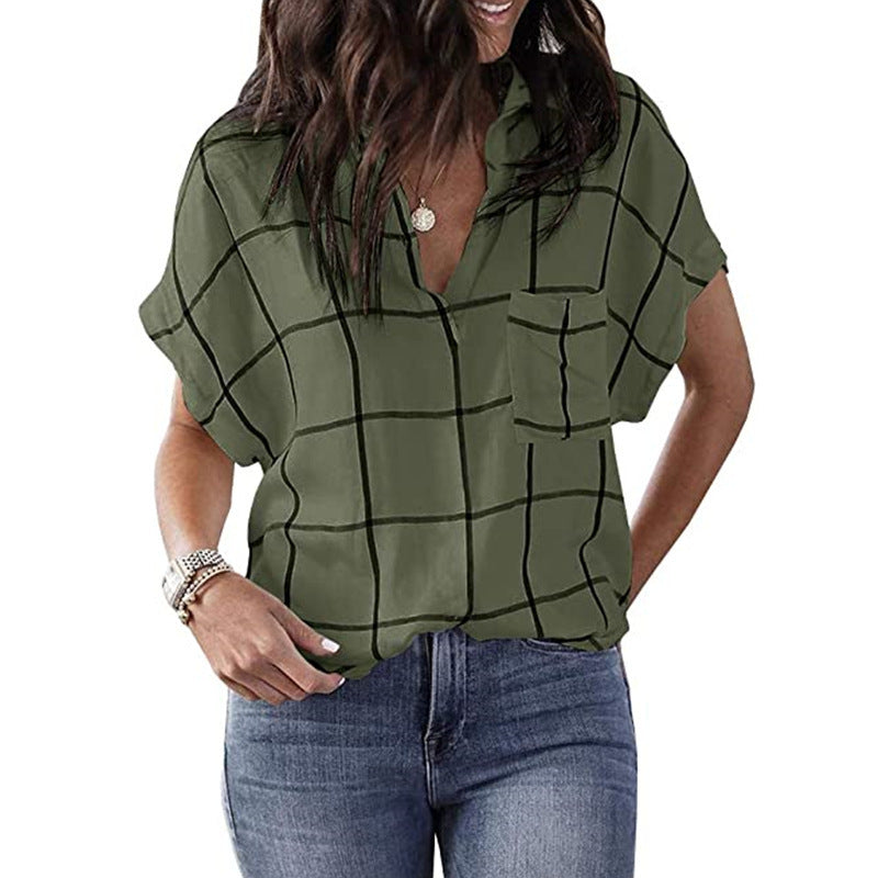 Image of Womens V-Neck Plaid Print Short Sleeve T-Shirt with Pocket, Army Green / L