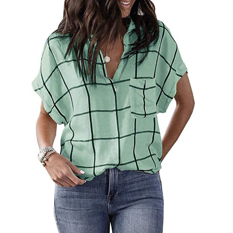 Image of Womens V-Neck Plaid Print Short Sleeve T-Shirt with Pocket, Light Green / XXL