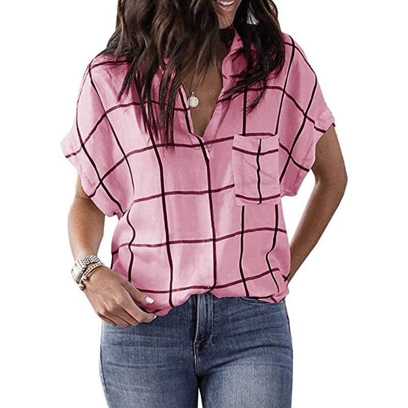 Image of Womens V-Neck Plaid Print Short Sleeve T-Shirt with Pocket, Pink / M
