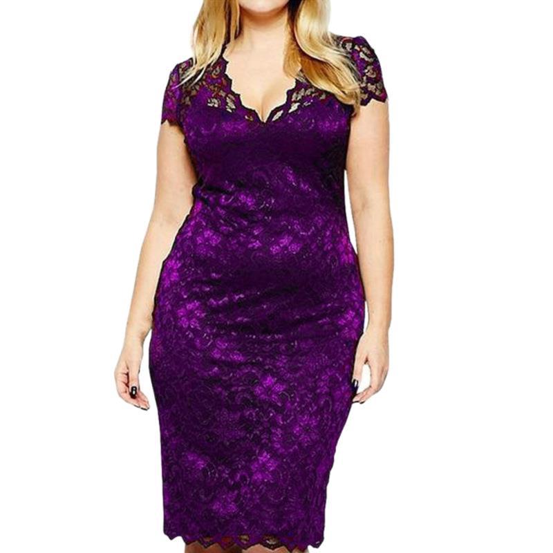 Image of Elegant Plus Size Short Sleeve V-Neck Lace Dresses for Women, Purple / M